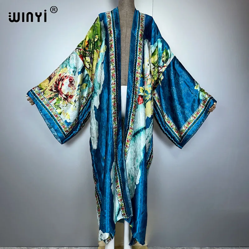 WINYI แฟชั่น boho พิมพ์ชุดกิโมโนชุดยาวผู้หญิงมุสลิม Cardigans ชุดชายหาด kaftan beach cover up party dress maxi coat