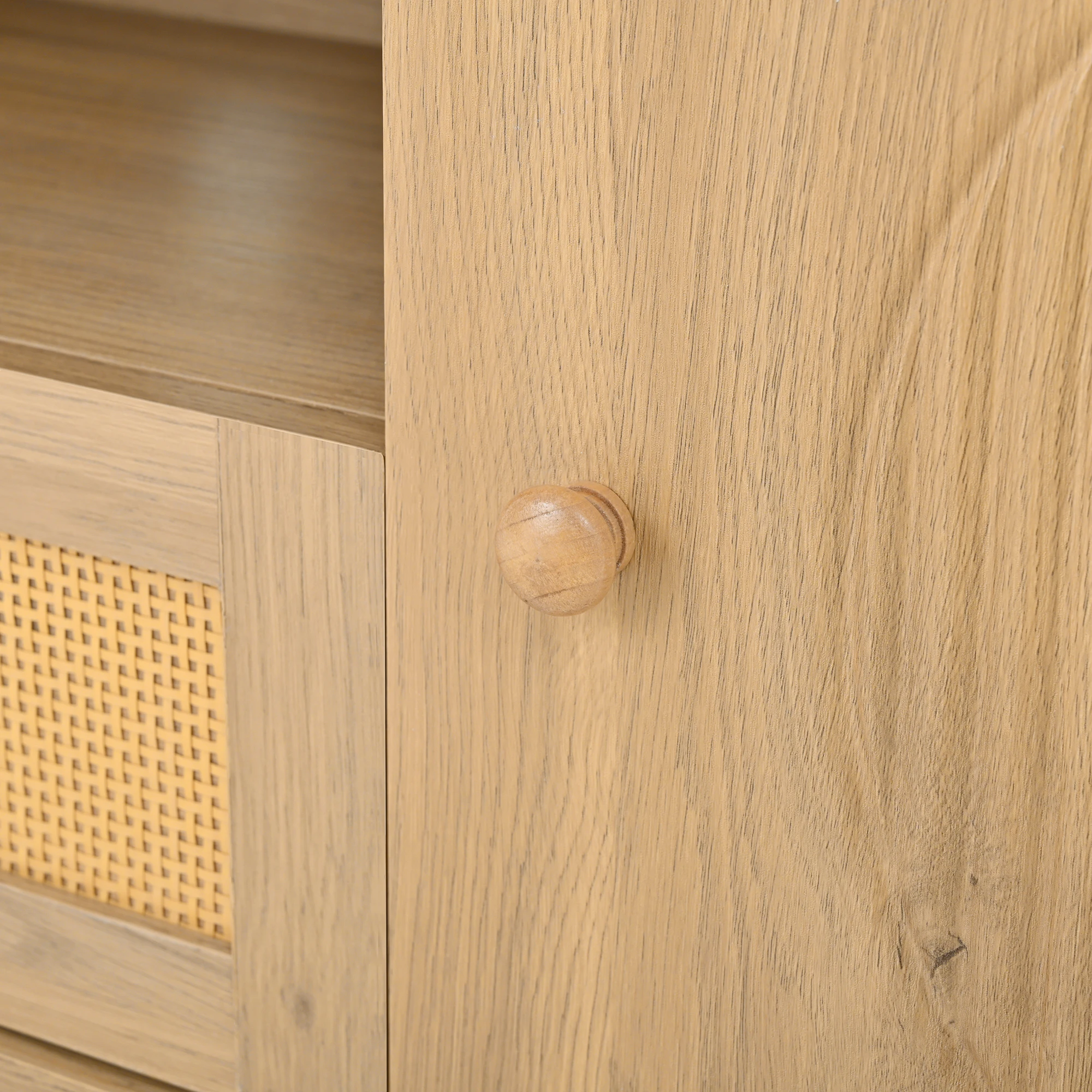PINGGO Moderner TV-Schrank mit Rattanschublade, offenen Regalen, runder Tischplatte, Metallbeinen, Holzoptik, 175x36x41 cm – Detail 20