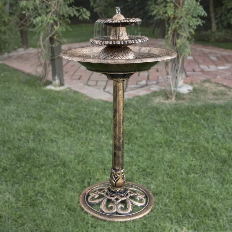 Outdoor Floor 3-Tiered Pedestal Water Fountain with Birdbath, Vintage Waterfall, 35