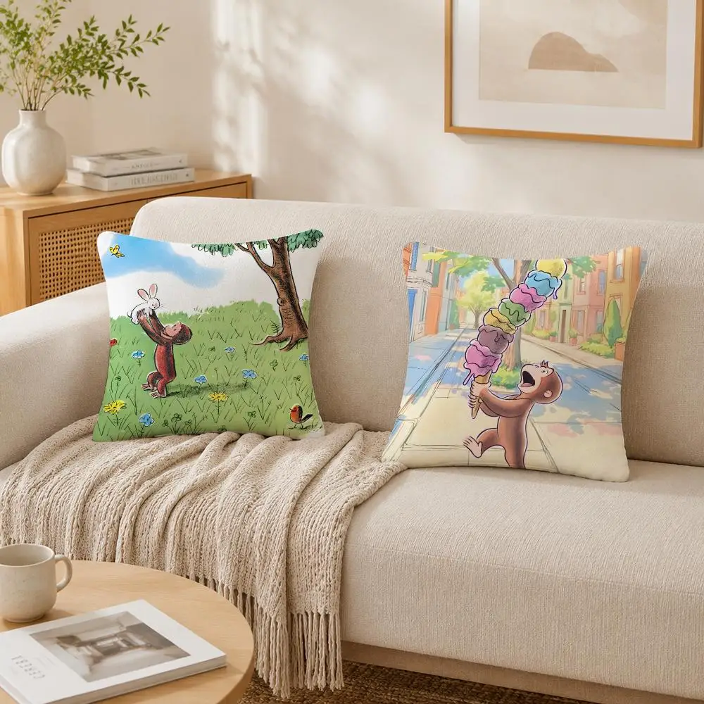 G-George The Curious Monkey Cushion Cover Plush Decorative Pillow Case With Hidden Zipper Cutecore Room Decor For Home