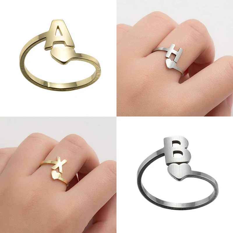 Tiny Heart Initial Letter Rings for Women Fashion A-Z Letter Finger Stainless Steel Ring Girls Wedding Jewelry Gift Bijoux Femme