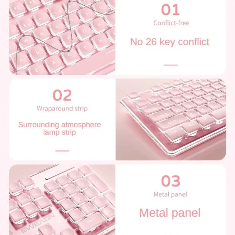 Imagem -06 - Conjunto Silencioso de Teclado e Mouse com Fio Rgb Rosa Chave Ergonômica 26 Teclas Escritório Acessórios para Laptop sem Pressa Eweadn-x7