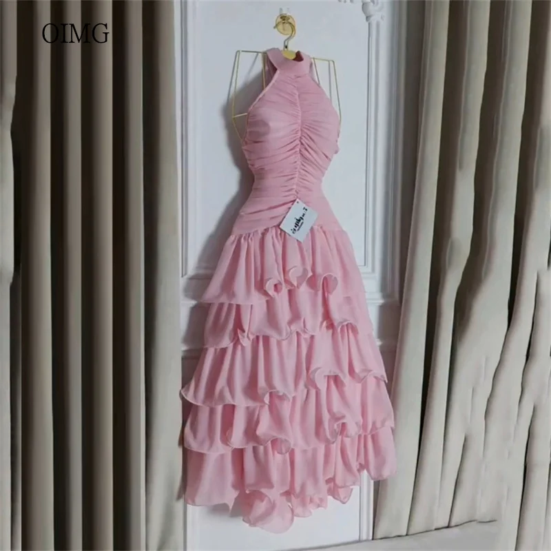 

OIMG Pink Halter A Line Prom Gowns Backless Ruffled Tiered Party Gown Floor Length Evening Dress vestidos de gala Customized
