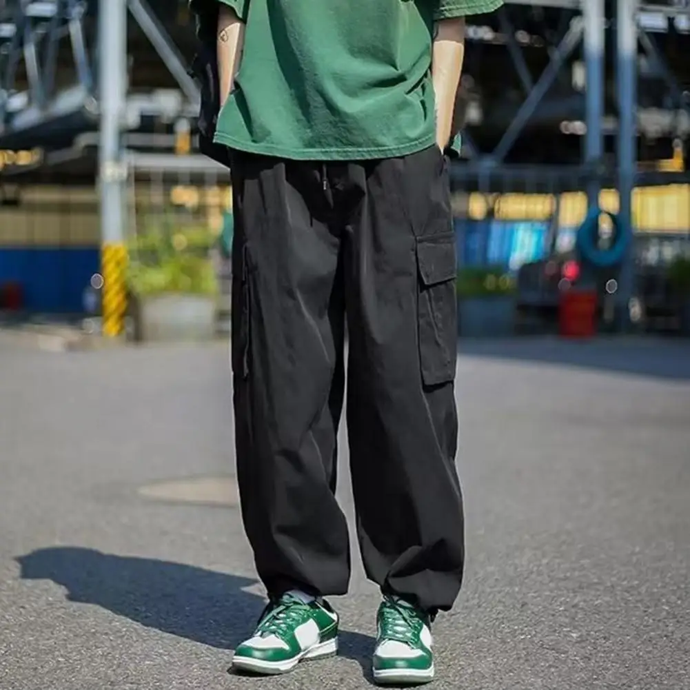 

Men Cargo Pants Drawstring Ankle Tied Solid Color Elastic Waist Loose Streetwear Spring Autumn Wide Leg Trouser for Daily Wear