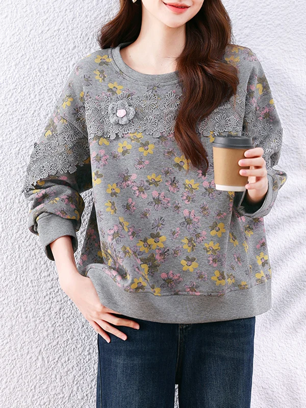 Sudadera con capucha Thiened Fce, informal, holgada, versátil, con empalme de encaje Floral, abrigo de invierno coreano Sle redondo Ne Long Sve