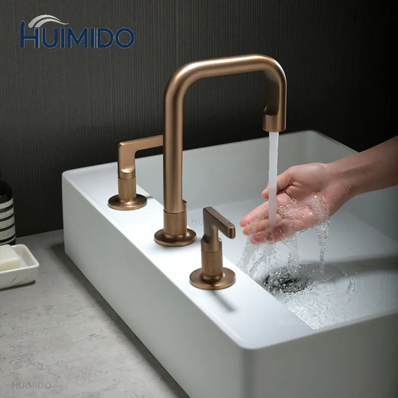 Brushed Rose Gold Widespread Basin Faucet Total Brass Gray Bathroom Faucet Sink Faucets 3 Hole Hot And Cold  Faucet Water Tap