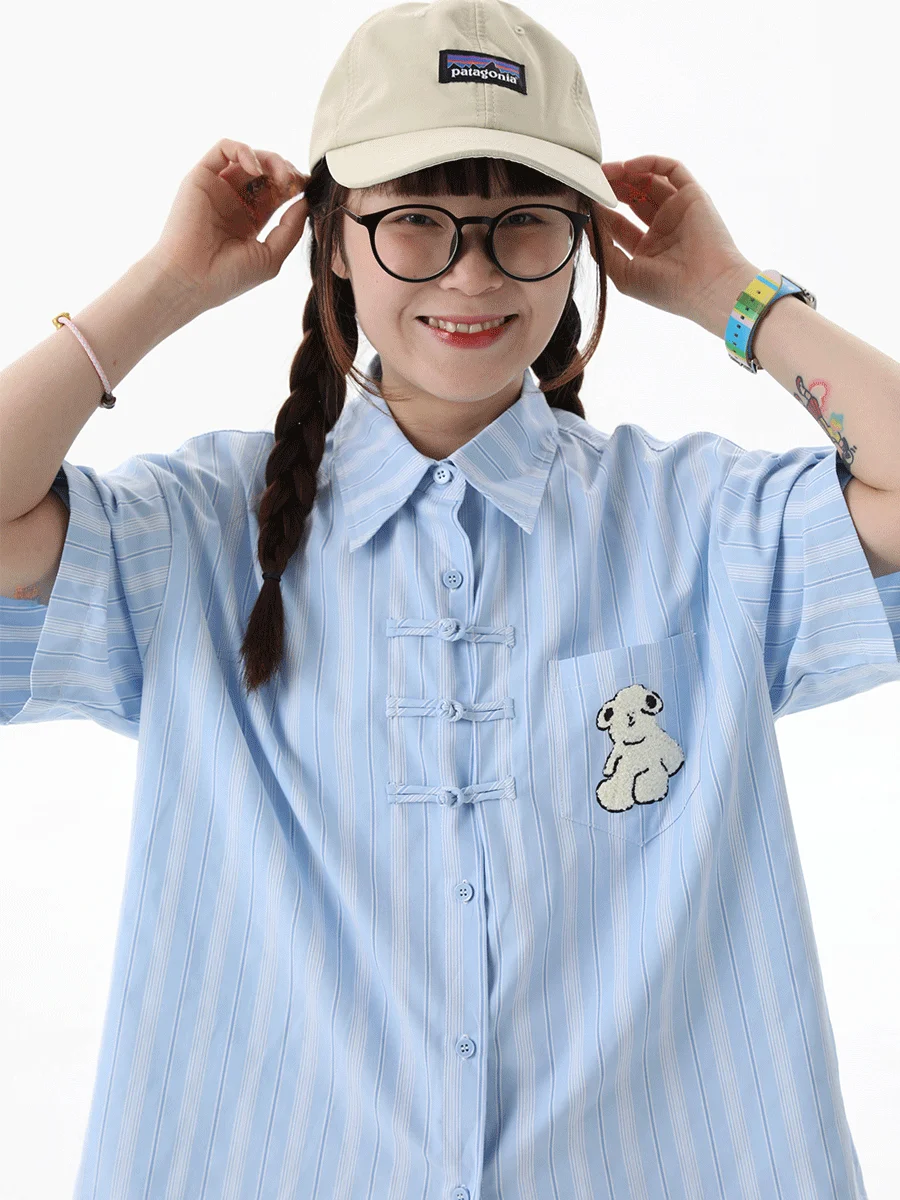 

Summer Blue Striped ort Sve irt Embroidered Dog Button Cotton Traditional Chinese Sle Women's Faion irt