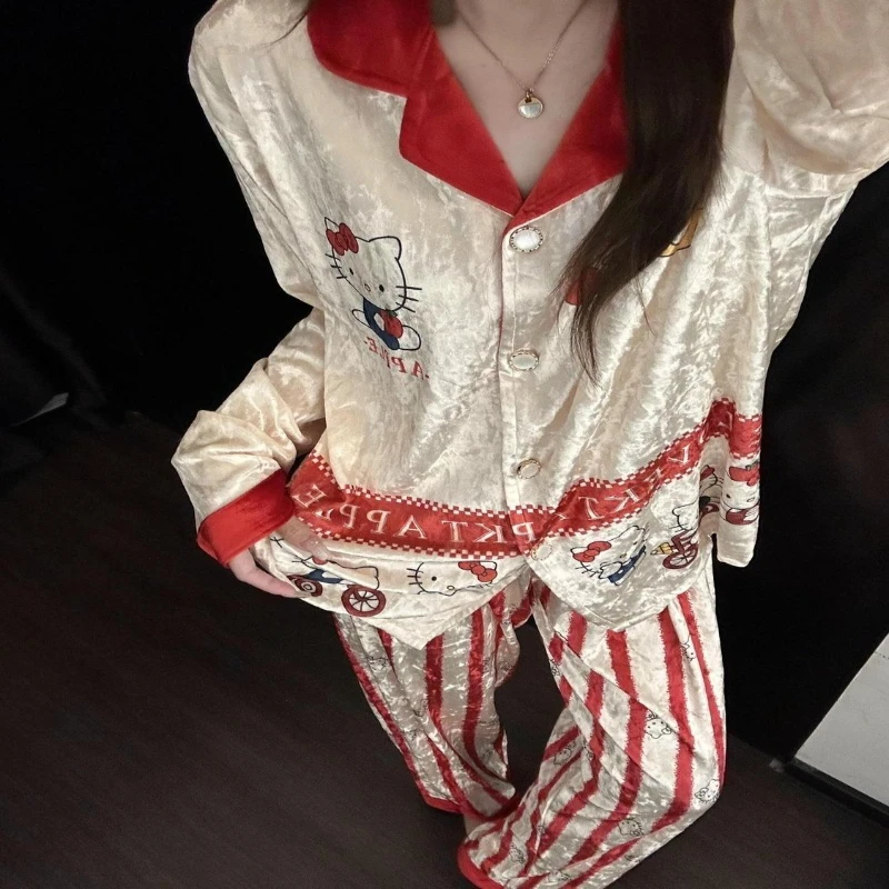 

Hello Kitty Shirt V-neck Long-sleeved Top That Can Be Worn Outside in Autumn Winter Striped Trousers Two-piece Home Clothing Set