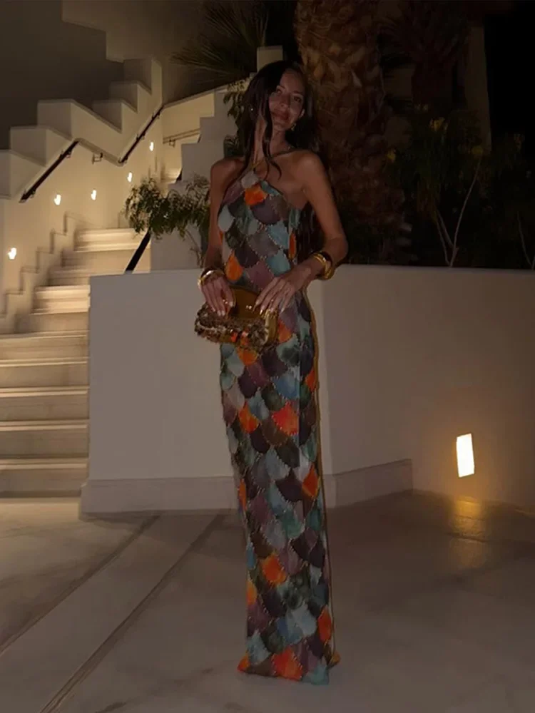 الرسن فستان طويل المرأة الرجعية التباين اللون أكمام Bodycon مطبوعة رداء أنيق الربيع الصيف سيدة فساتين حفلات الشاطئ