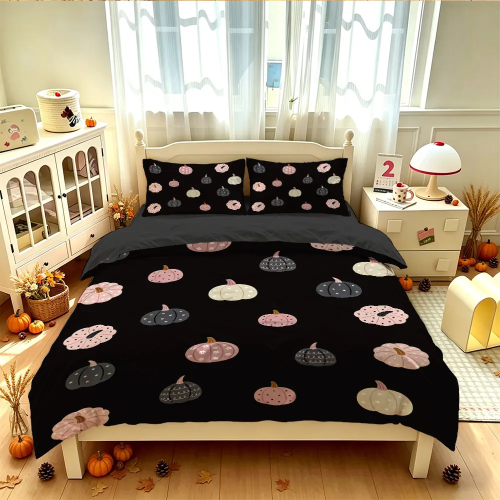 3PCS Black Pink White Retro Pumpkin Duvet Cover Set Soft Comfortable No Filling 1 Duvet Cover 2 Pillowcases Bedroom Festival