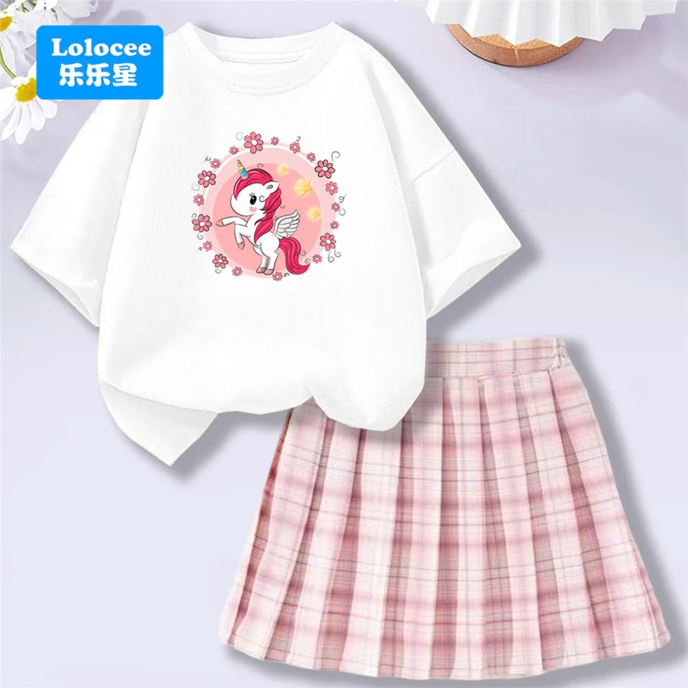 

Наряд с единорогом для девочек, милая футболка с цветочным принтом единорога + розовая/фиолетовая клетчатая юбка, милый детский комплект из 2 предметов, комплект одежды JK