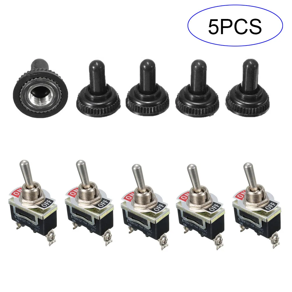 5Pcs SPST 2Pin Car Boat 15A 250V ON/OFF Rocker Toggle Switch + Waterproof Boot New