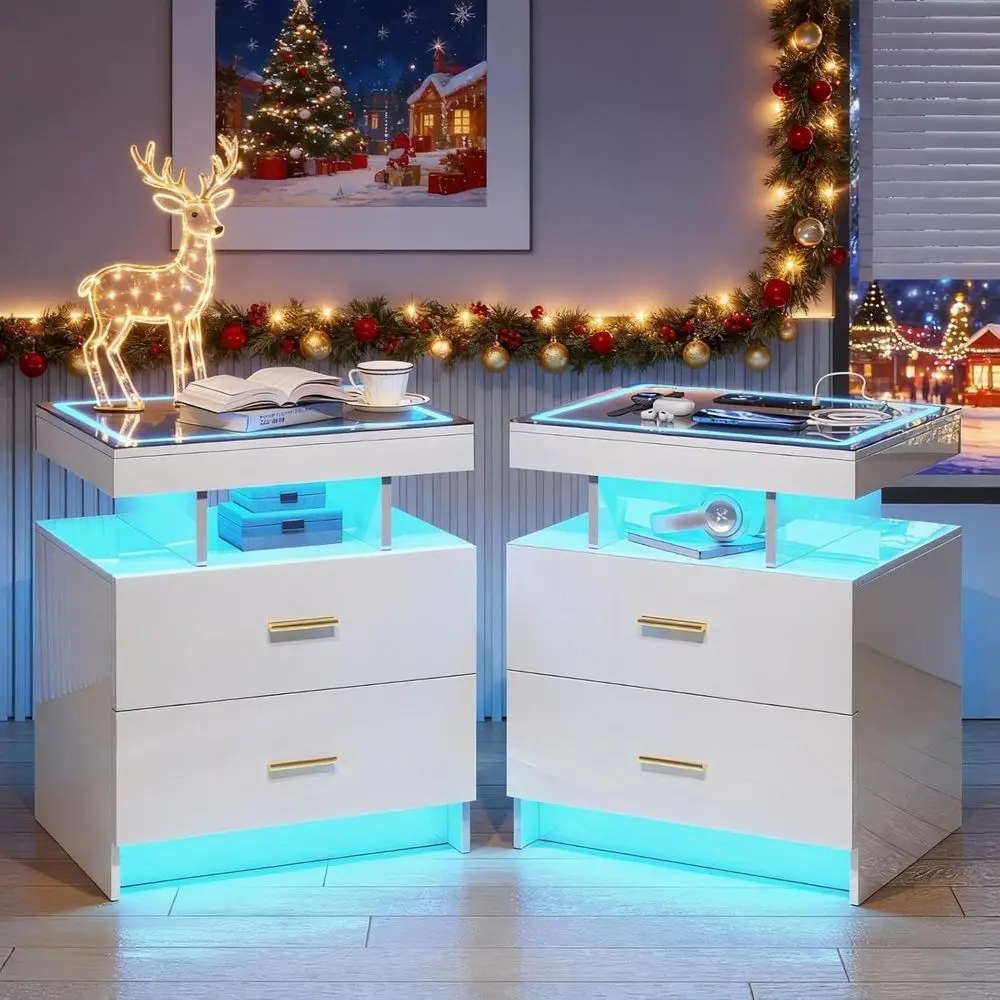 

Беспроводная зарядная LED-тумбочка, белая, с 2 ящиками, стеклянной столешницей, подходит для спальни, гостиной, офиса