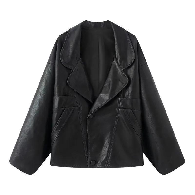 

Кожаная куртка с пуговицами, осенняя мода, костюм с длинными рукавами и лацканами, воротник и карман, женская куртка, повседневные шикарные женские пальто