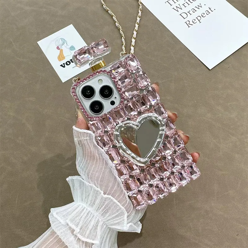 Bling 3D Love Heart Perfume Bottle Rhinestone Case For Iphone 16 15 14 12 11 13 Pro Max Xs Xr Plus DIY Long Strap Diamond Cover