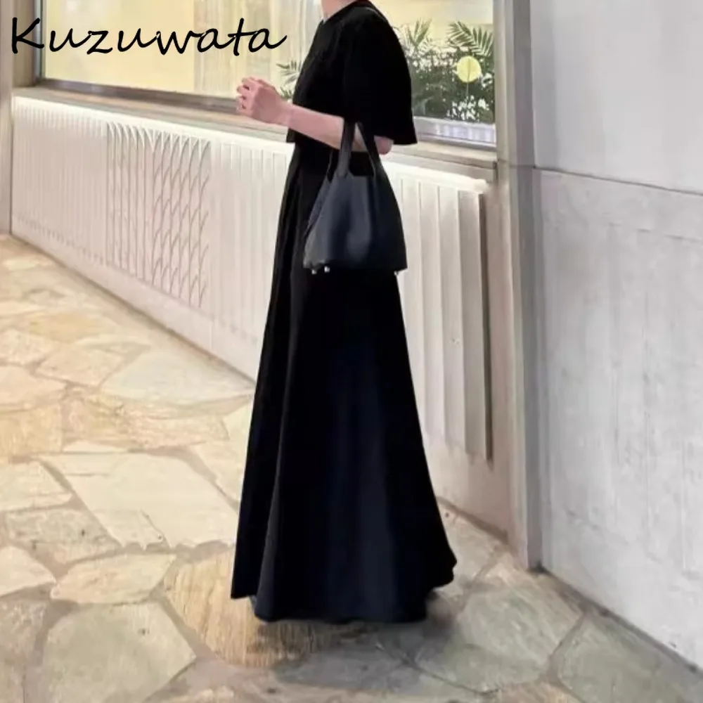 Kuzuwata Elegant O Neck Half Sleeve Loose Vestidos Vinatge Off Shoulder Fake Two Pieces Robe Japan New Fit Casual Ruched Dress