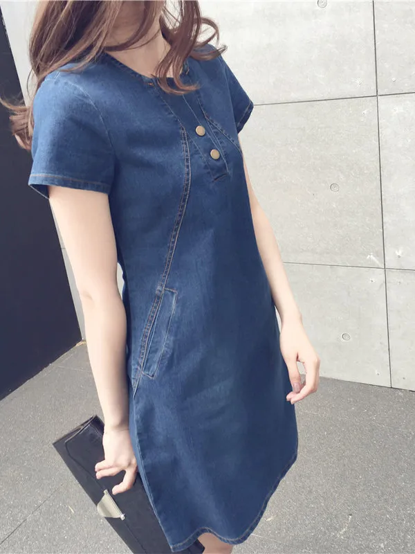 Summer 2025 Women's Korean Style Loose Large Size A-Line  Skirt Short Sleeve Denim Dress Elegant Fashionable Commute Wear