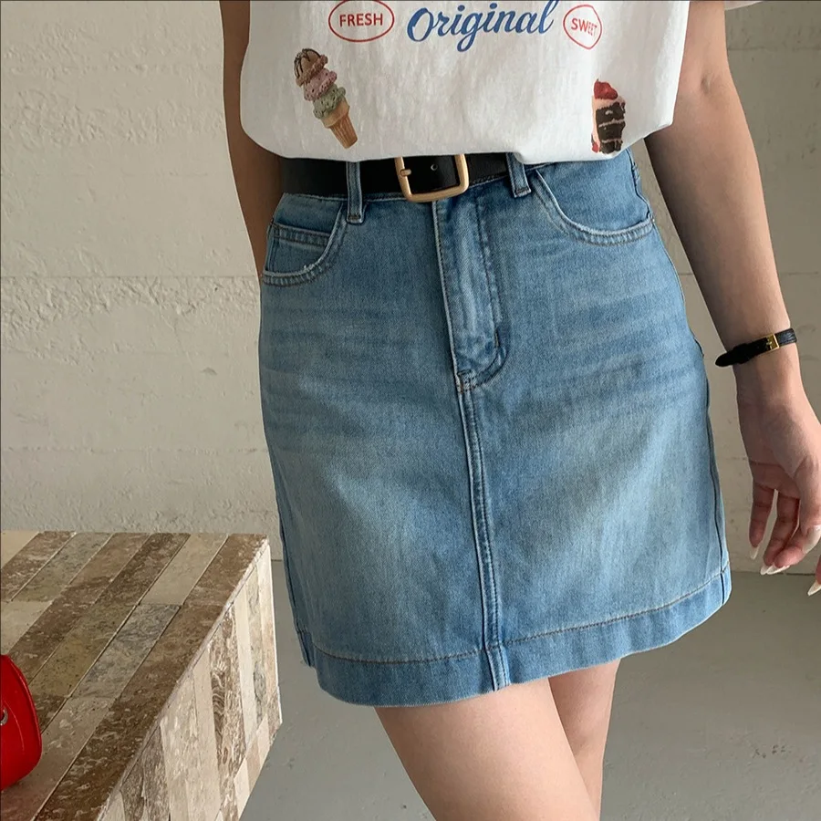 

Summer casual blue high waisted slim A-line denim short skirt women