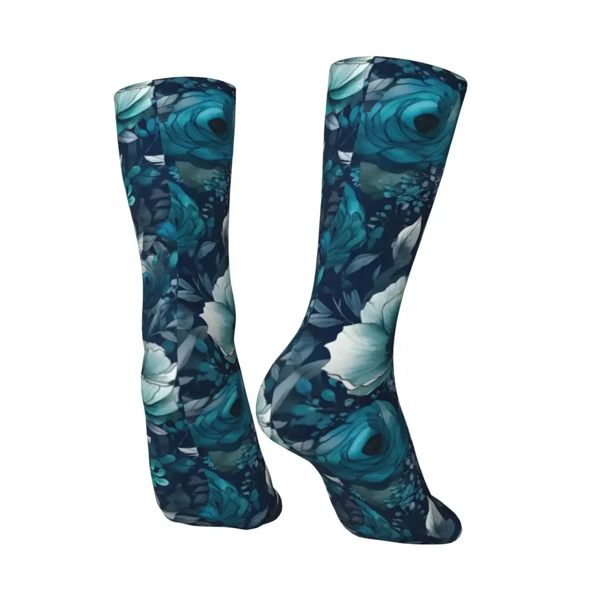 Navy And Teal Watercolour Flowers Men's Socks Retro Harajuku Street Style Novelty Casual Crew Sock