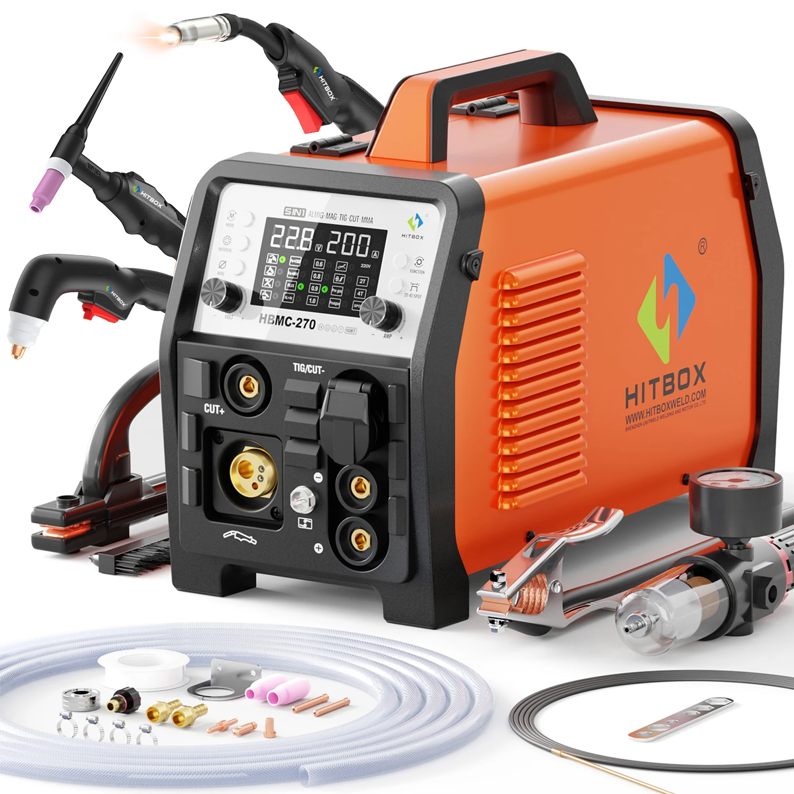 HITBOX 6 in 1 270A Aluminum Welding Machine MMA/Gas MIG/Gasless MIG/HF TIG/Cut Digital Screen 2T/4T Inverter Welder for Stainless Steel Carbon Steel Copper Iron  Spot Welding Plasma Cutter HBMC270