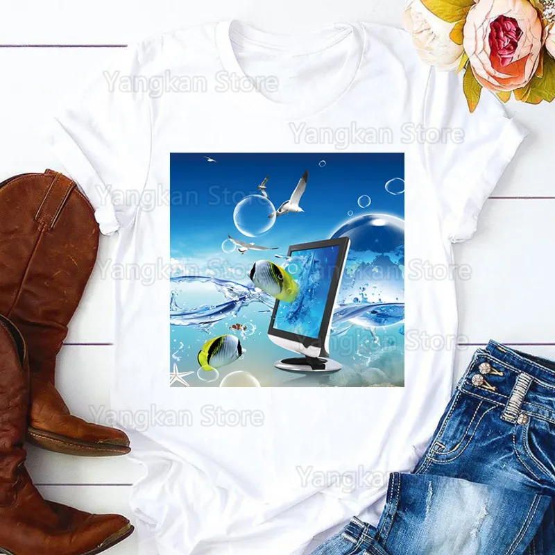 

Frutiger Aero T-shirt Casual o-collar White Shirt Short Sleeve T-shirt Graphic Printing