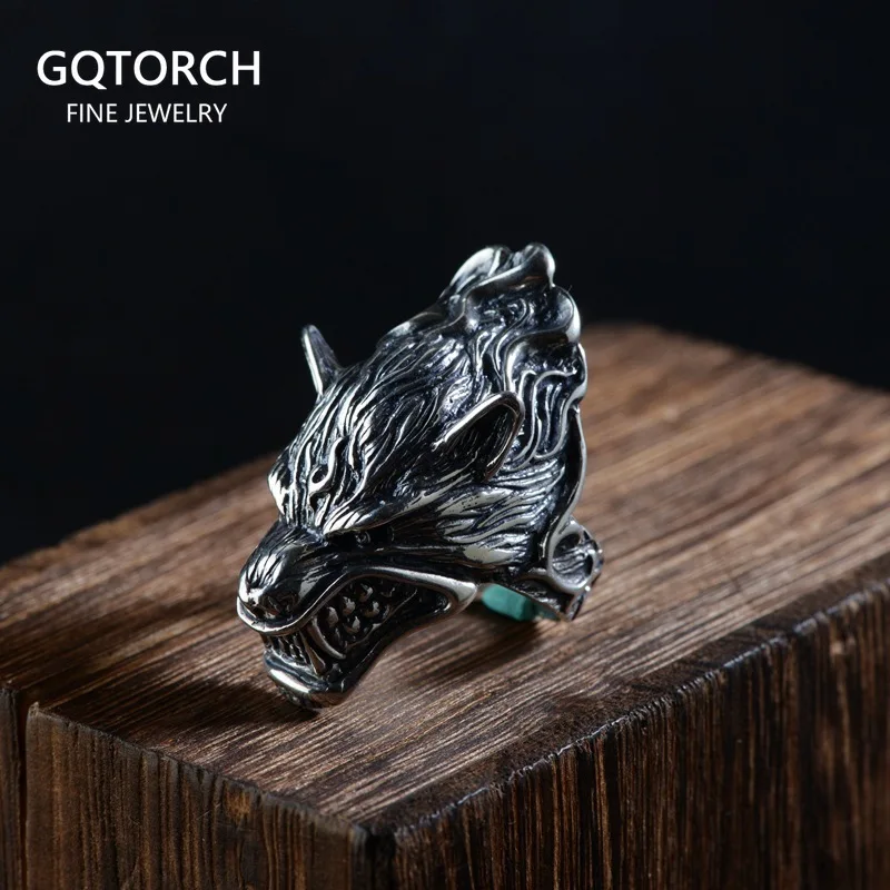 S925 Sterling Silver Vintage Thai Silver Ring for Men Wolf Head Open Exaggerated Punk Rock Style Big Ring Vintage Jewelry