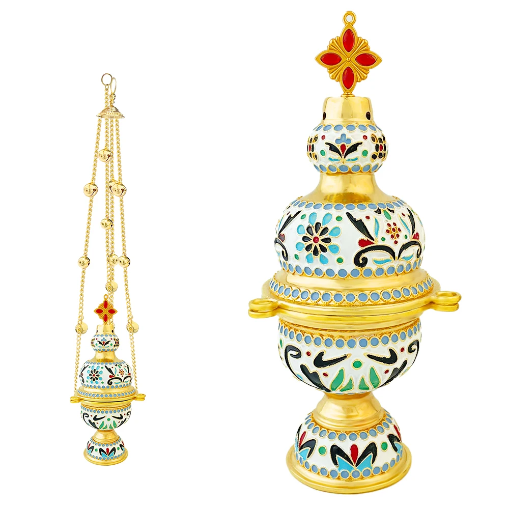 

New Orthodox Church Incense Burner Religion Gift Gold Plated Colorful Enamel Long Chain With Bell Church Home Decorative