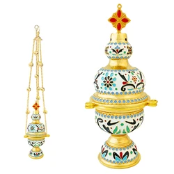 HTISOK Orthodox Church Censer Religious Gift Gold Plated Colorful Enamel Long Chain With Bells Church Decoration Orthodox Censer