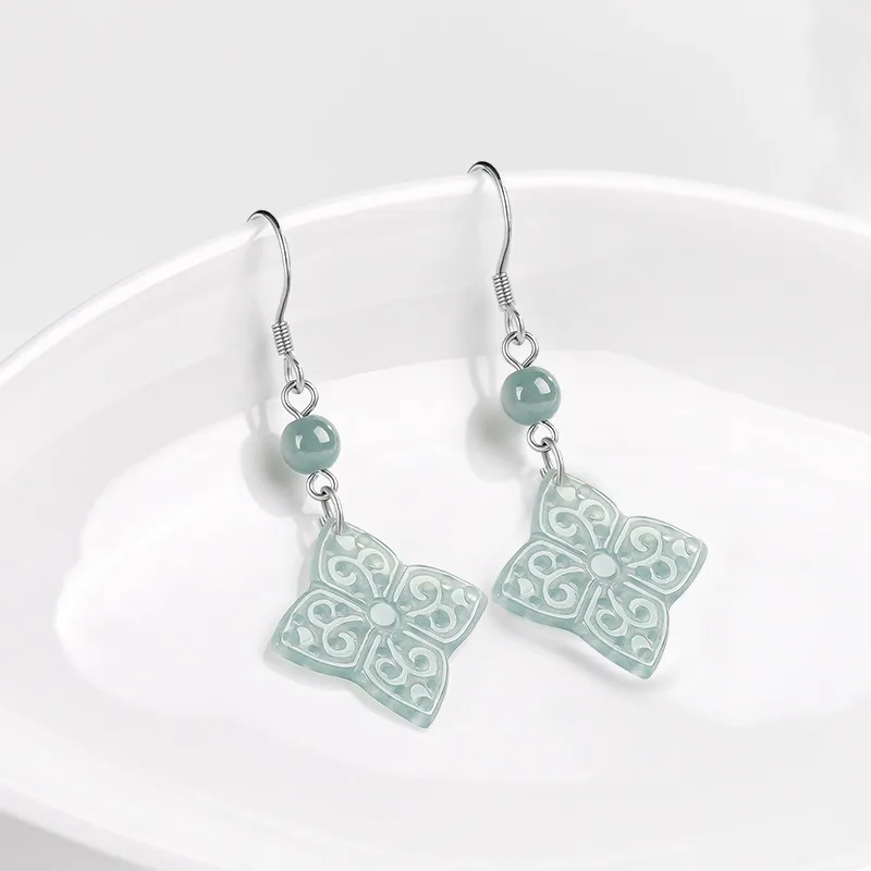 

TIMESWIND Light Blue Natural A-type Jade S925 Silver Hollow Carved Clover Women Earrings with Certificate