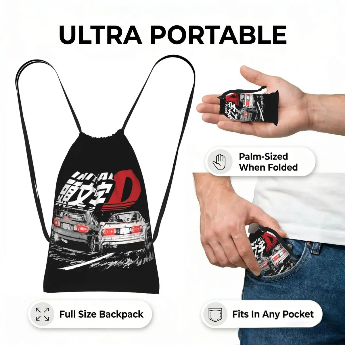 Initial D - Mountain Drift Racing Tandem Takahashi Drawstring Backpack hiking cycling Bag Portable Travel Drawstring Bag