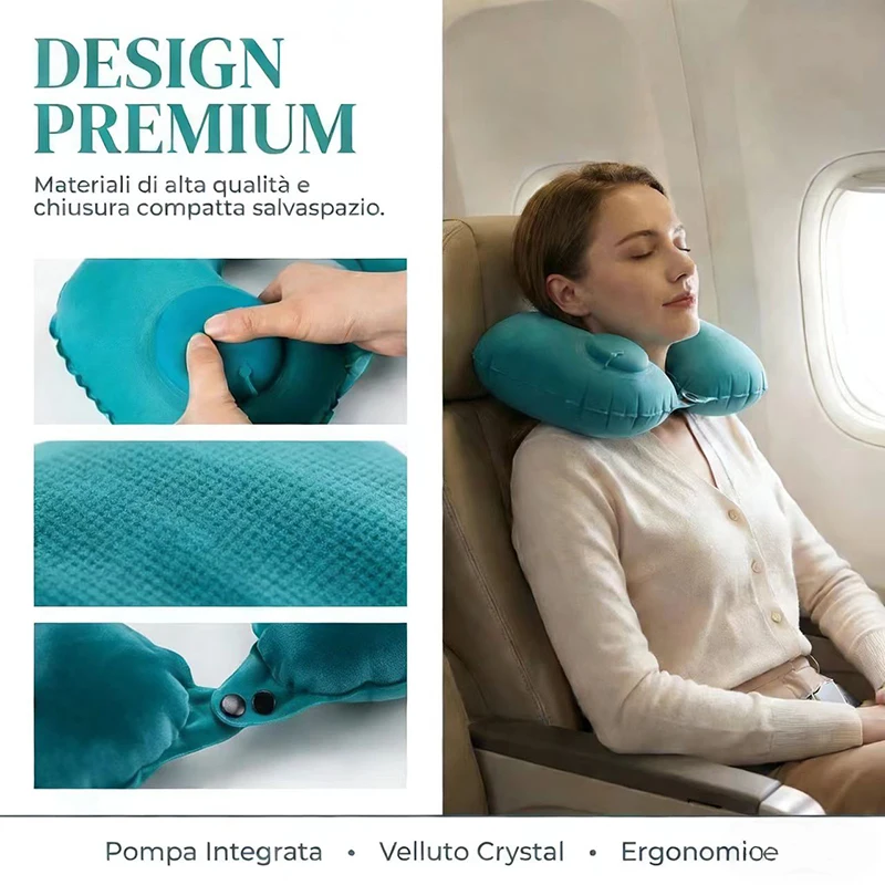 Portable Inflatable U-Shaped Neck Pillow for Travel - Press-Inflatable Neck Support with Built-In Storage Feature