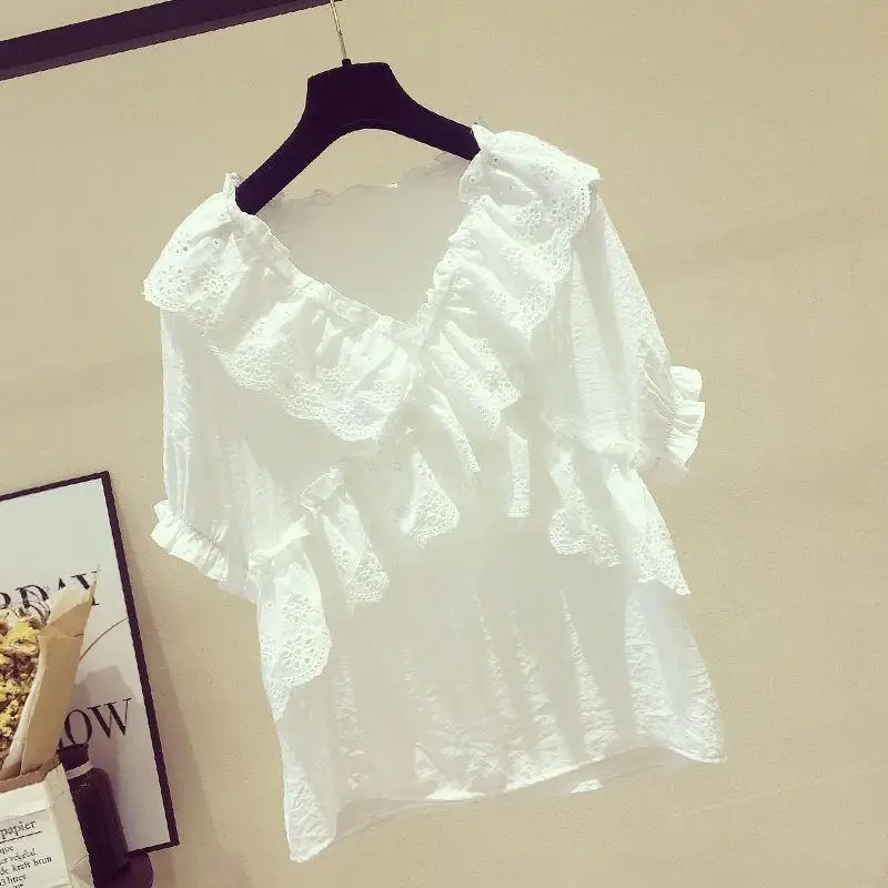 V-Neck Chiffon Top Women's Summer New Loose Short Sleeve Babydoll Collar Fashionable Slimming Trendy Top Cleanfit Style