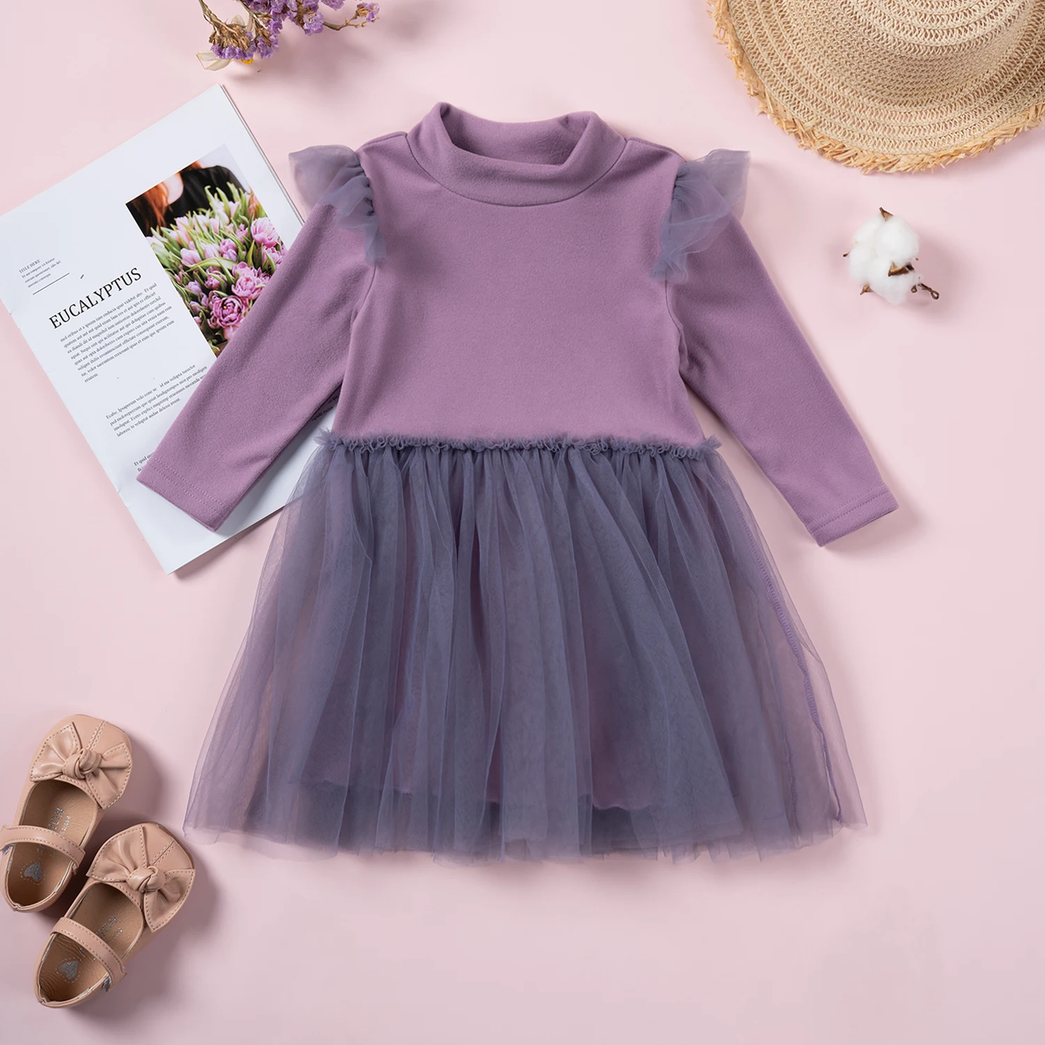 Cute Dress, Girl Embroidered Spring And Autumn Long Sleeved Princess Skirt, Solid Color Mesh Patchwork Princess Skirt