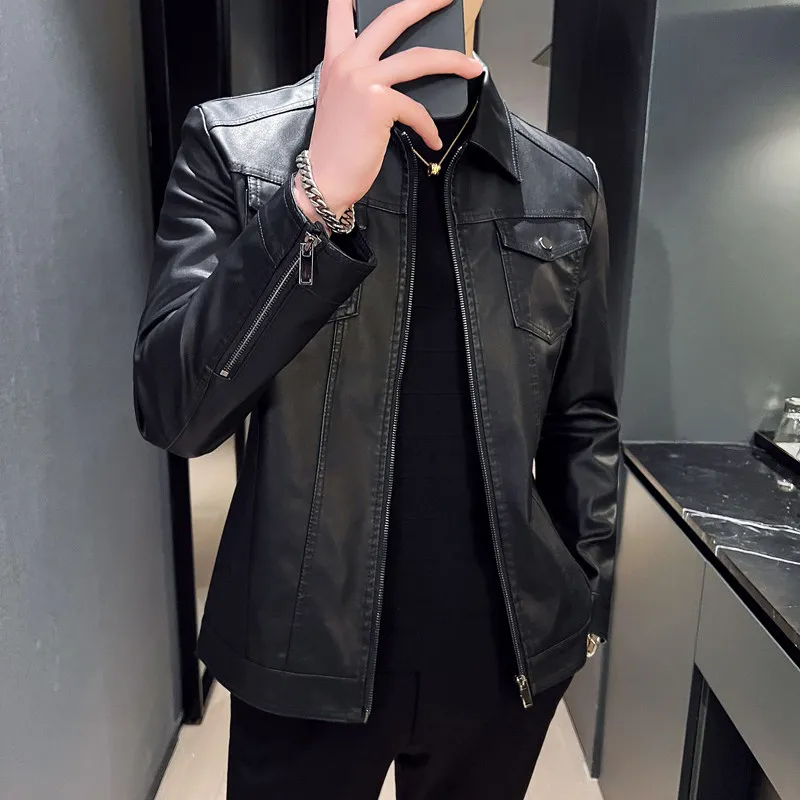 

Приталенная повседневная кожаная куртка, мужская корейская куртка, весна-осень, новое мотоциклетное пальто с откидным воротником, модное пальто из искусственной кожи