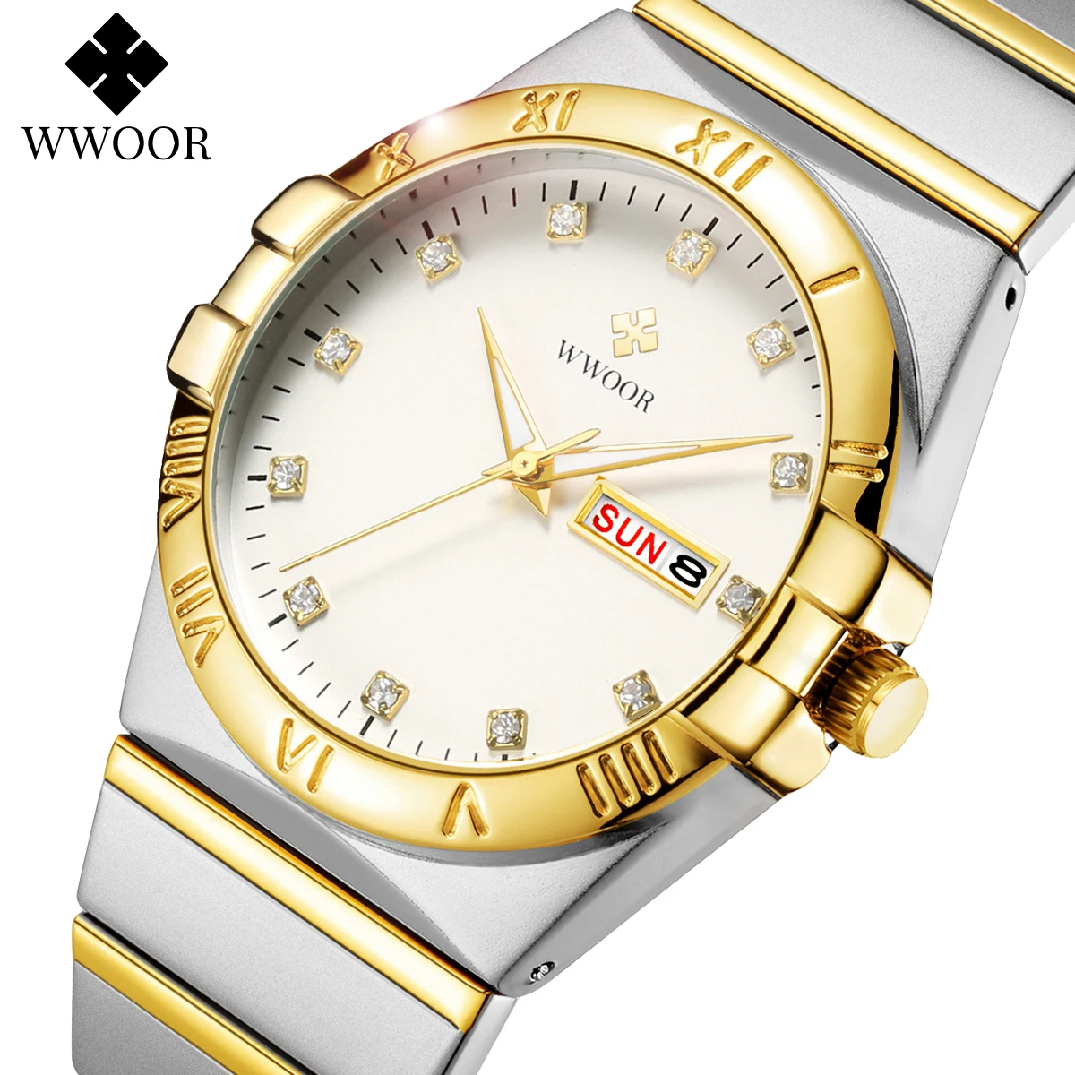 WWOOR Men\'s Watch Stainless Steel Fashion Popular Quartz Wristwatch Casual Waterproof Watch For Men Week Date Relogio Masculino