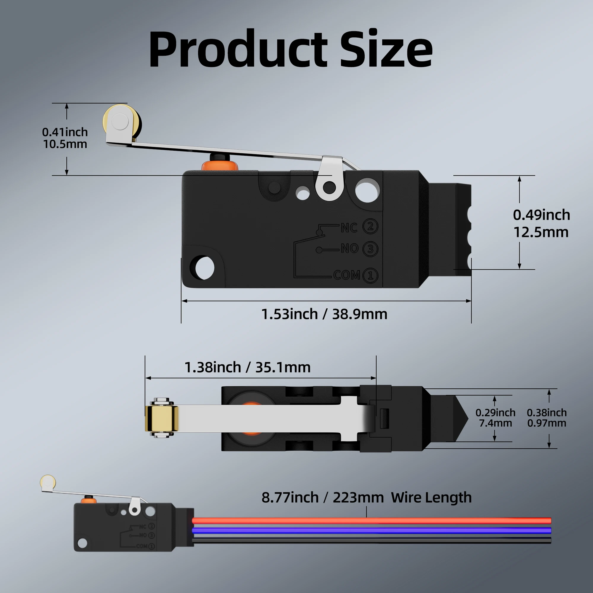 2PCS Waterproof Micro Limit Switch with Long Straight Roller Lever SPDT 3 PIN Pre-wired 10A 125 250V Micorswitch for Electronic