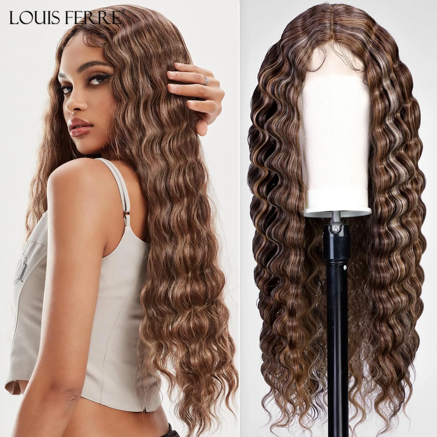 LOUIS FERRE Long Deep Wave Wig Brown Highlight Crimps Curl Synthetic Hair Wigs Lace Front Wig for Women with Babyhair for Daily