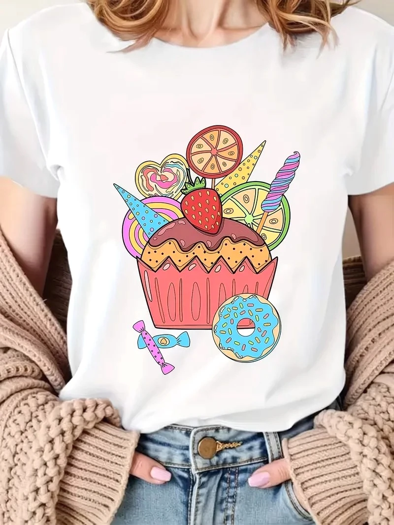 Kawaii Cream Soda Print Women's Cutecore Clothes Girly Ice Cream Dessert Graphic Top Casual Summer Daily Wear
