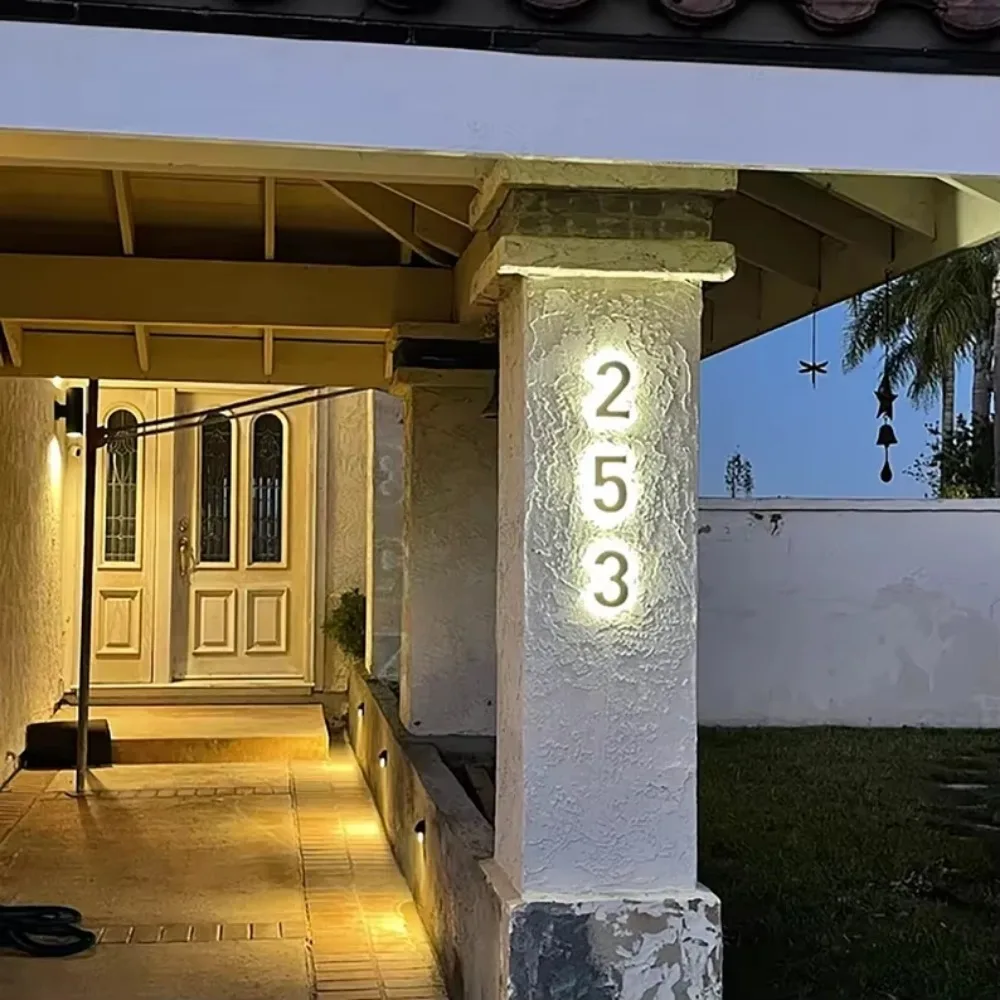Metal 3D LED Exterior House Numbers Modern Home Door Plate Light Backlit Signs Outdoor Waterproof Number Plaque Free Transformer
