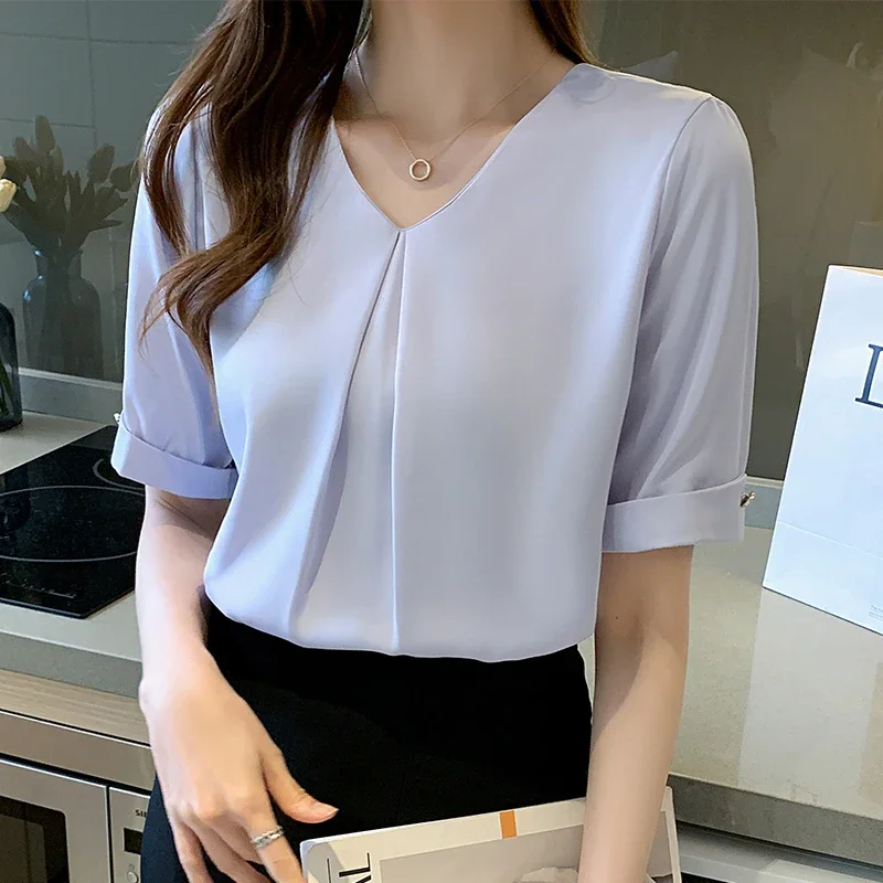 Summer Short Sleeve Women Blouse Casual V-Neck White Chiffon Blouse Shirt Women Tops Blusas Mujer De Moda 2024 Verano Blusa F456