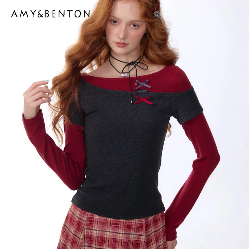 

American Retro Design Fake Two-Piece Color-Block Bow Women's Bottoming Shirt Autumn Winter New Sweet Versatile T-Shirt Ladies
