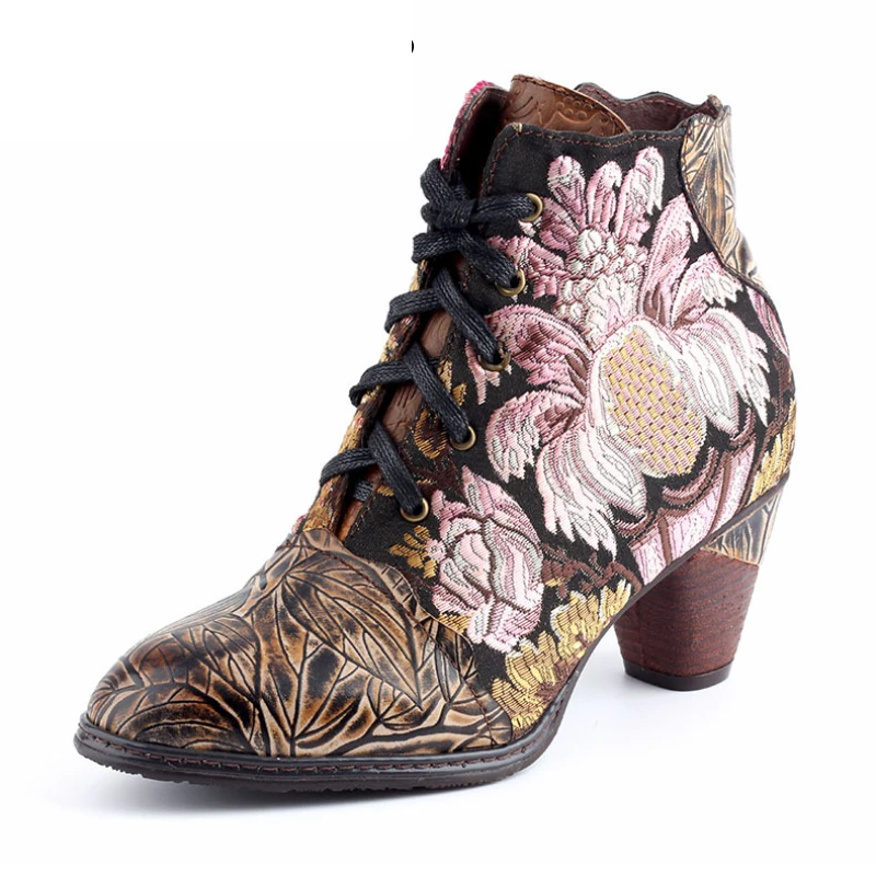 

8cm New Colorful Genuine Leather Embroidery Silk Metal Decoration Ethnic Ankle Boots Winter ZIP Warm Women Big Size Shoes