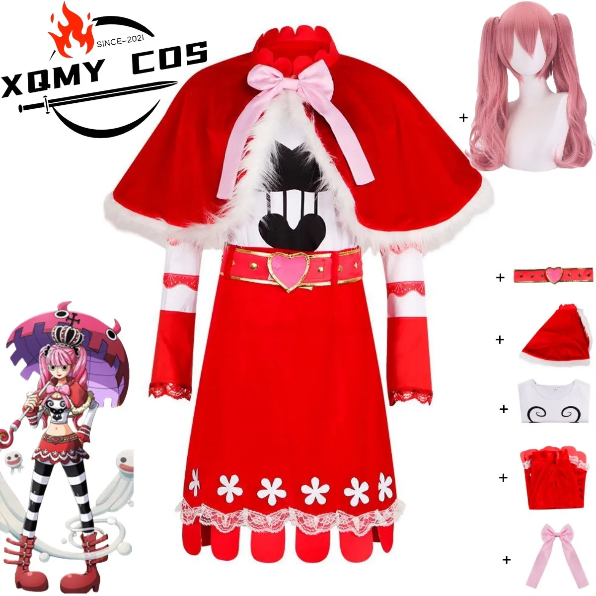 XQAnime Perona disfraz de Cosplay Oka Shichibukai Cuadro alma fruta princesa Mononoke capa roja falda peluca mujer traje de fiesta de Halloween