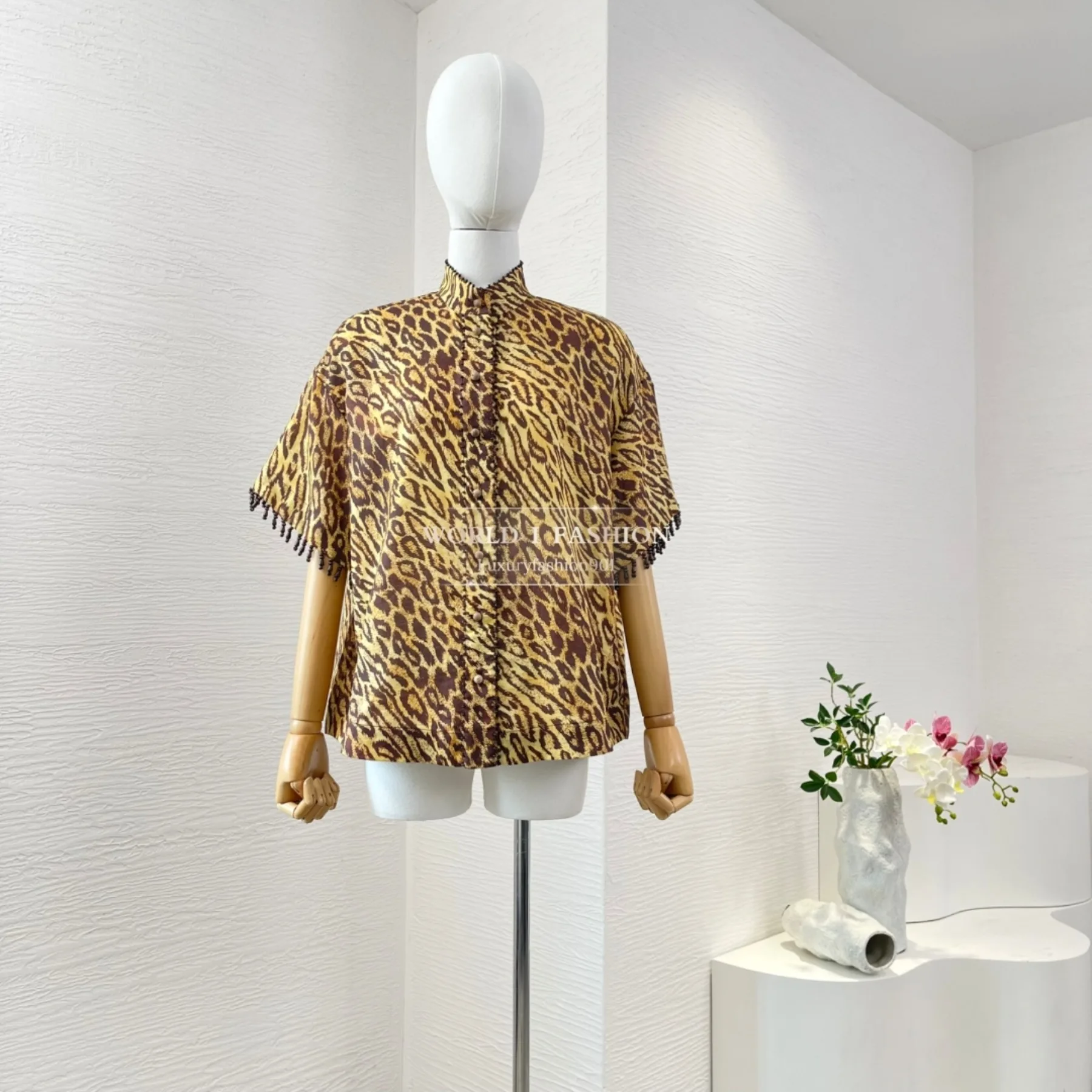 

2025 New Women's Brown Leopard Print Beading Short Sleeve High Quality Blouse Tops and Mini Skirt Set