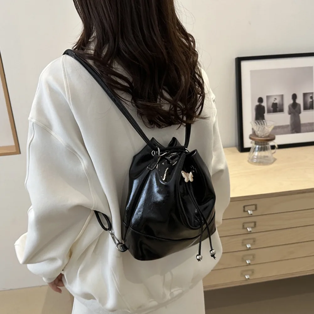 

Высококачественный рюкзак из искусственной кожи с бантом в консервативном стиле, милая большая вместительная сумка-ведро на шнурке, простая сумка на плечо для отдыха для покупок