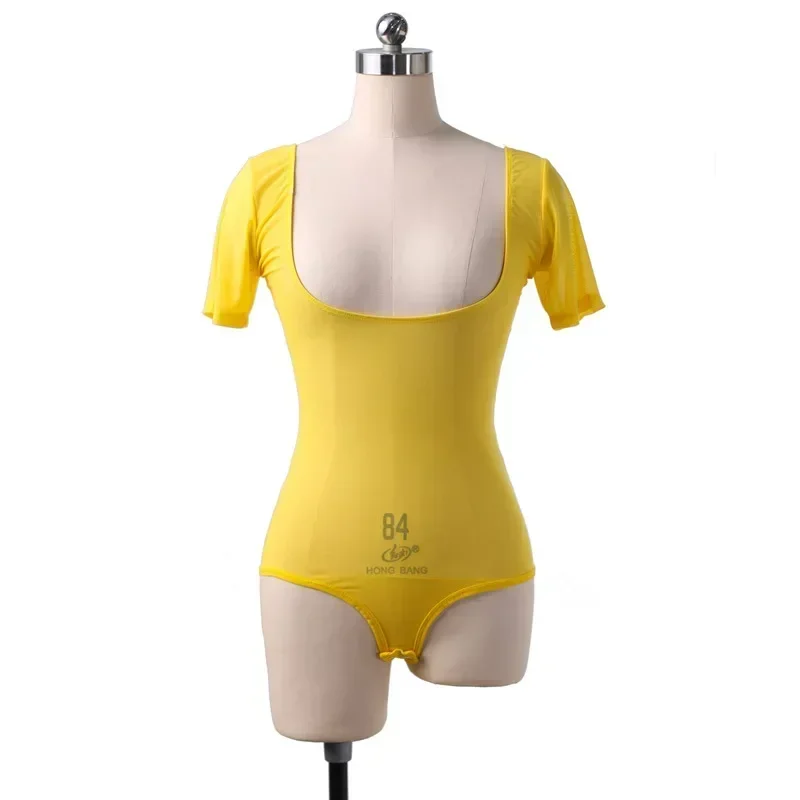 Women Upper Arm Shaper Chest Support Sexy Transparent Top Dancer Basic Wear Short Sleeve Sheer Open Bust  Leotard Jumpsuit Crop