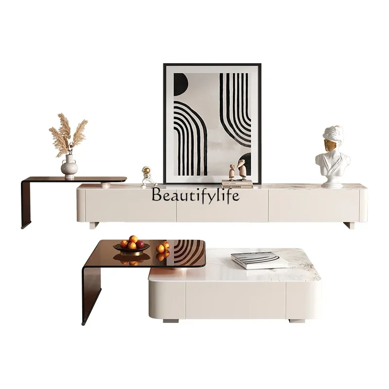 Rock slab coffee table TV cabinet Modern simple household small apartment living room retractable cabinet