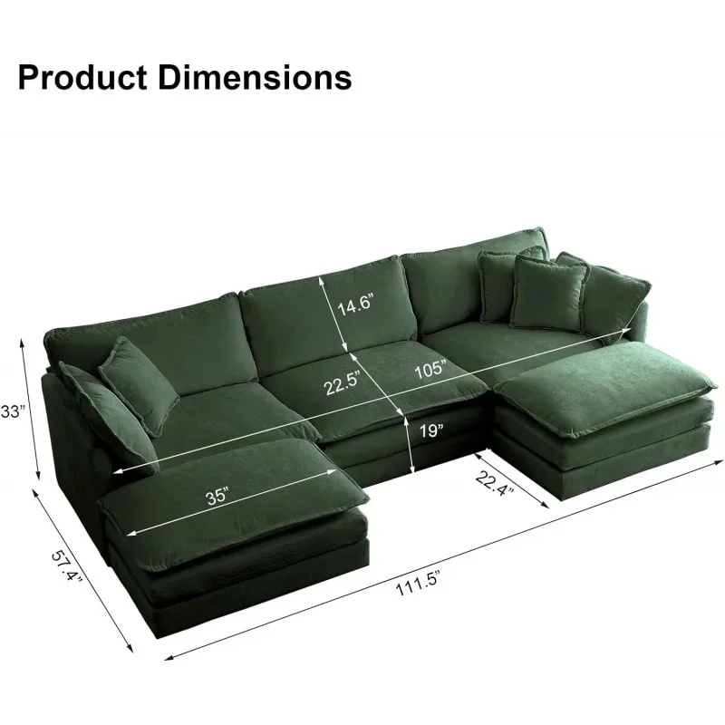 KIJA Chenille U-Shaped Modular Sectional Couch,Modern Comfy 3 Seater Deep Seat Cloud Couch with 2 Ottomans/Chaises & 5 Pill