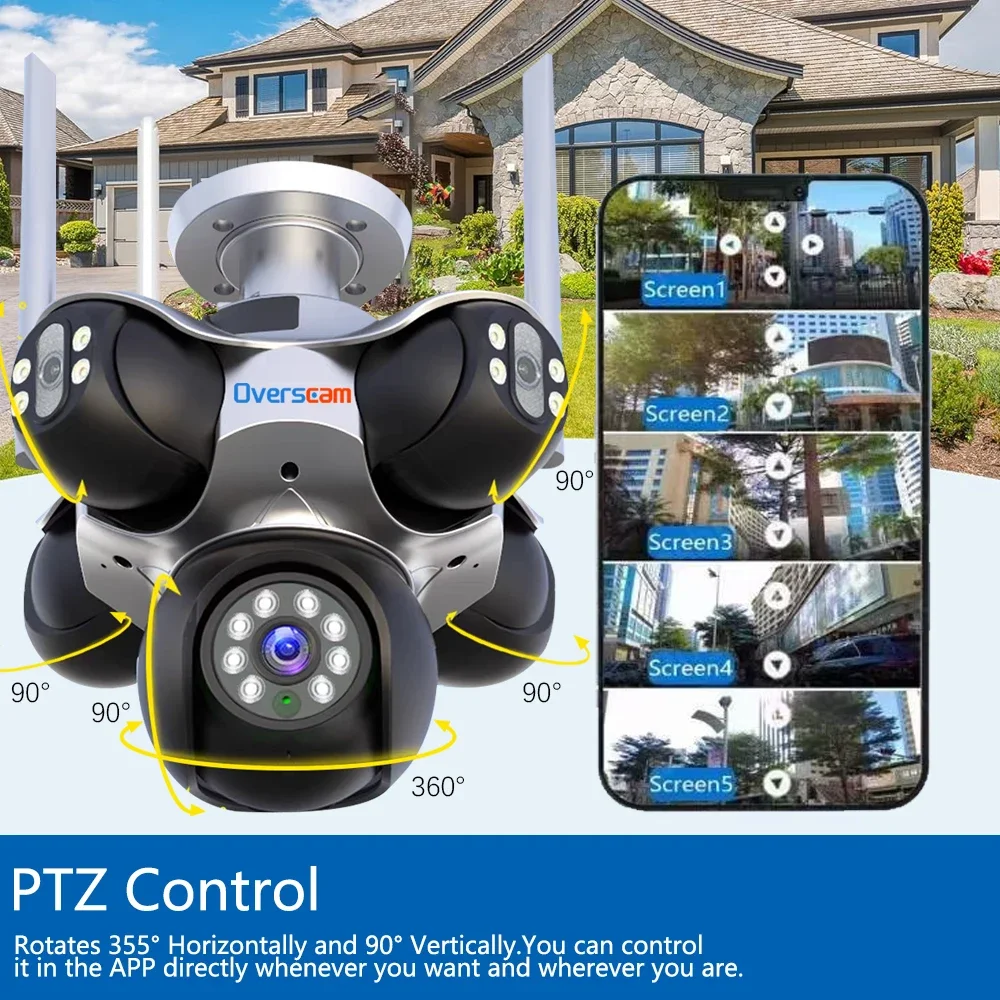 New 5 Screen 5 Lens WiFi Security Camera Panoramic Security Camera Outdoor Waterproof 25MP Surveillance PTZ 360° Street Cam cctv
