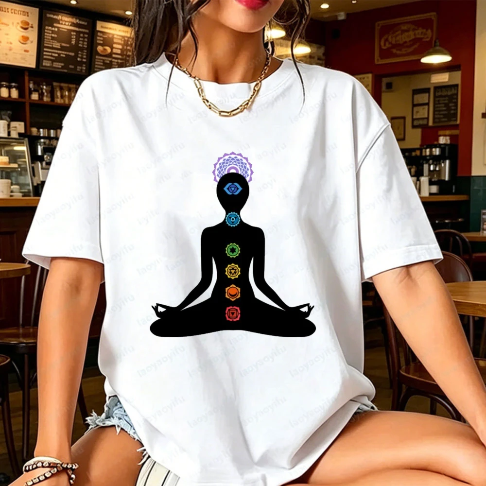 Chakra Meditation Silhouette Graphic Tee Spiritual Yoga Balance Energy Women Cotton Tshirt Vintage Streetwear Tops Cotton Tees